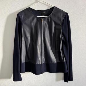 ST. JOHN Leather Milano Knit Jacket Navy Size 12 Luxury Minimalist Clean